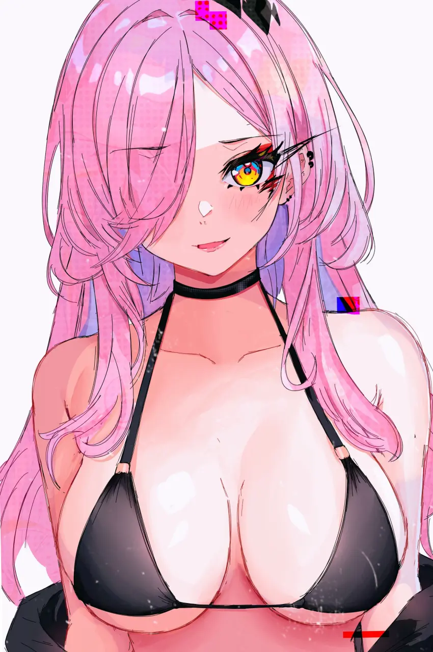 Image big_breasts,blush,breasts,female,female_only,highres,light-skinned_female,light_skin,long_hair,looking_at_viewer,solo,standing,white_background,yellow_eyes,bikini,female_focus,hair_over_one_eye,smiling,smiling_at_viewer,virtual_youtuber,solo_female,pink_hair,vtuber,swimsuit,ear_piercing,black_bikini,front_view,indie_virtual_youtuber,goth,goth_girl,piercings,vtuberfanart,detailed_eyes,stplun,latam_virtual_youtuber,neneefthy