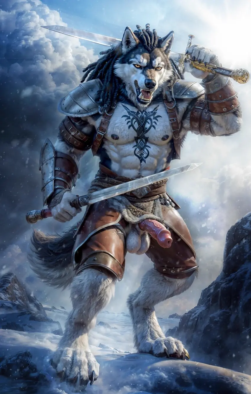 Image hi_res,looking_at_viewer,nipples,solo,male,penis,ai_generated,male/male,tattoo,anthro,canid,canine,canis,domestic_dog,genitals,mammal,wolf,claws,paws,belt,angry,weapon,were,werecanid,werecanine,werewolf,armor,sword,melee_weapon,spitz,husky,nordic_sled_dog,snow,viking,warrior,winter_background