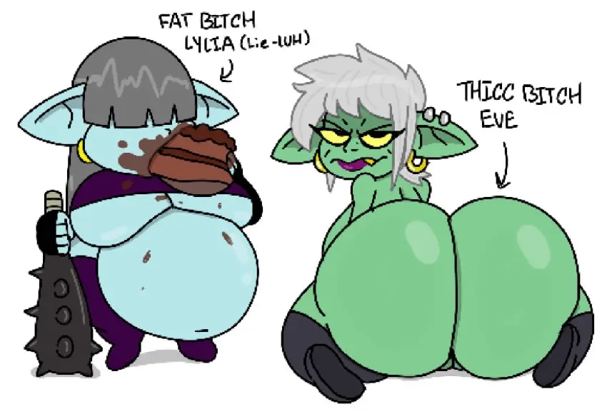 Image big_breasts,breasts,female,big_ass,big_butt,thick_thighs,fat_ass,thick_ass,green_skin,ass_focus,shortstack,fat_female,bbw,smaller_female,goblin,eating,eve,food,food_play,goblin_female,lyla,theslashfive