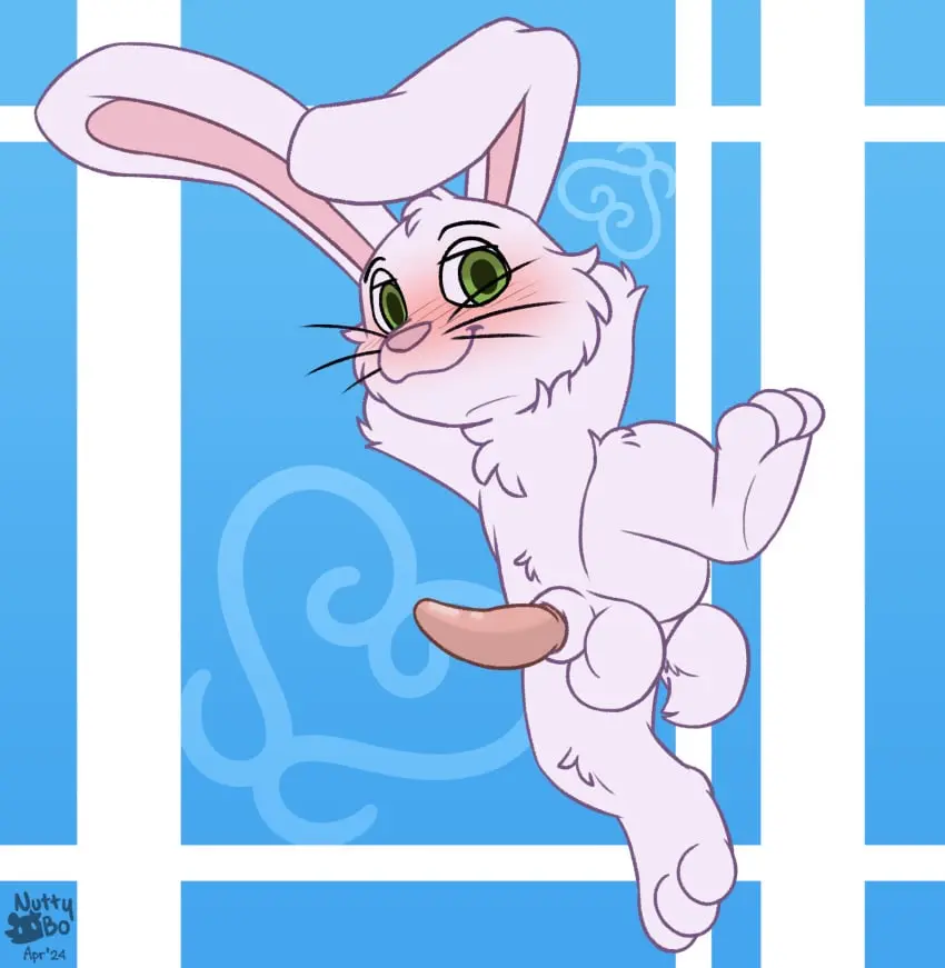 Image blush,hi_res,looking_at_viewer,simple_background,smile,penis,tail,erection,balls,legs,spread_legs,spreading,original_character,presenting,fur,genitals,mammal,white_body,animal_genitalia,white_fur,lagomorph,leporid,rabbit,tapering_penis,nutty_bo