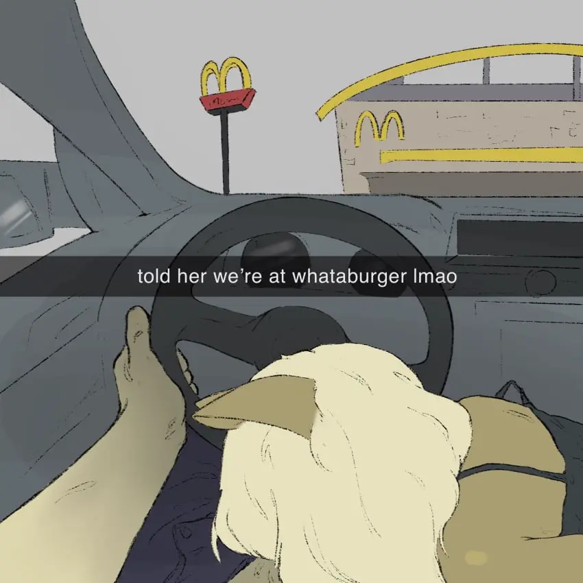 Image clothed,clothing,hi_res,male,oral,sex,duo,femboy,male/male,digital_media_(artwork),hair,anthro,text,fur,dialogue,english_text,girly,topwear,vehicle,car,driving,implied_oral,inside_car,mcdonald's,monstergirl_mcdonald's,neeno,neeno_(character),roadhead,sex_in_car,snapchat