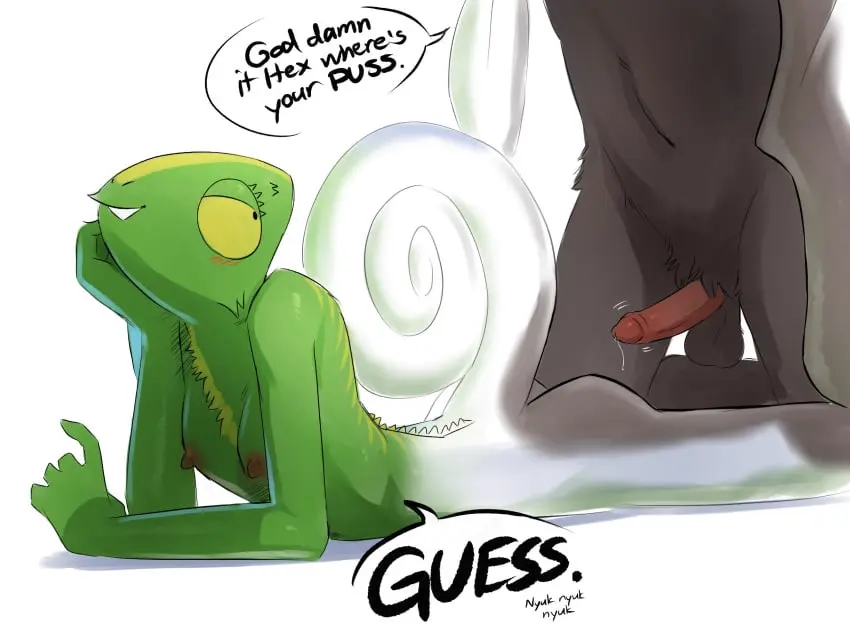 Image female,hi_res,nipples,smile,male,penis,tail,yellow_eyes,lying,ass,duo,erection,humanoid_penis,balls,male/female,anthro,fur,genitals,grey_body,grey_fur,dialogue,non-mammal_nipples,skinny,green_body,green_scales,reptile,scales,scalie,humanoid_genitalia,speech_bubble,flat_chested,lizard,on_front,camouflaged,chameleon,curled_tail,hex_spectra_(the-minuscule-task),the-minuscule-task