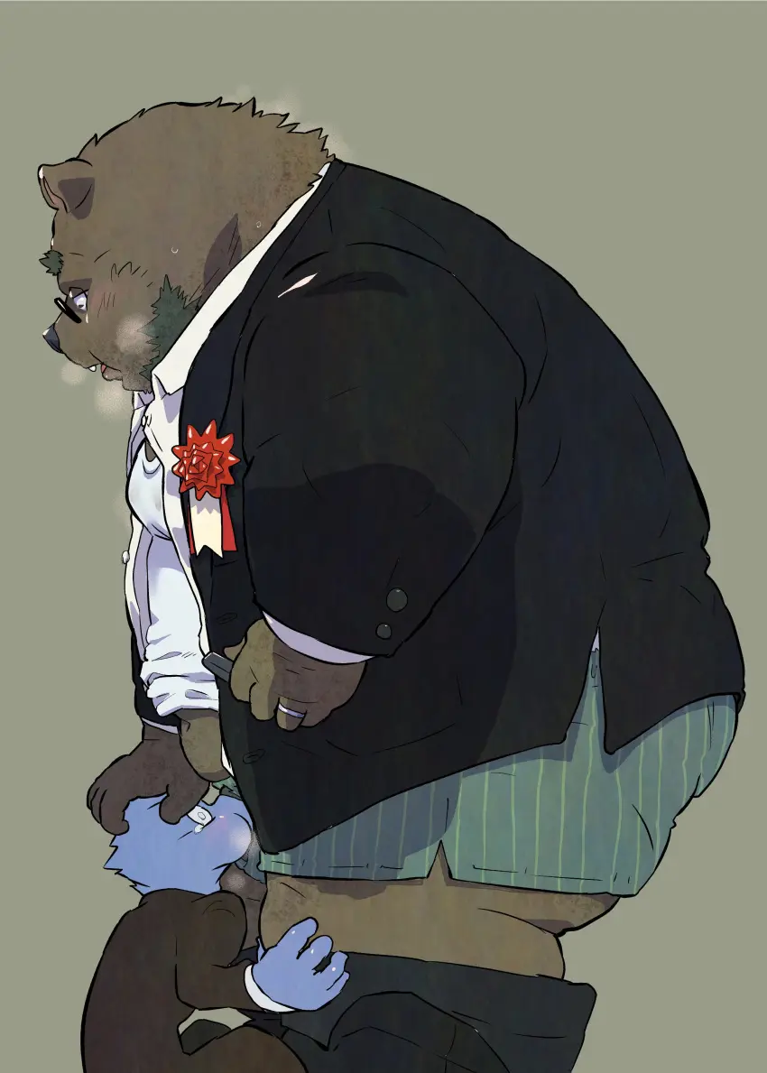 Image clothed,clothing,hi_res,pants,shirt,simple_background,male,oral,underwear,duo,belly,big_belly,eyewear,glasses,size_difference,anthro,pants_down,absurd_res,gay,mammal,partially_clothed,2024,biped,blue_body,bear,topwear,brown_body,overweight,beard,humanoid_hands,bottomwear,bottomwear_down,facial_hair,overweight_male,musk,kemono,tachiuo