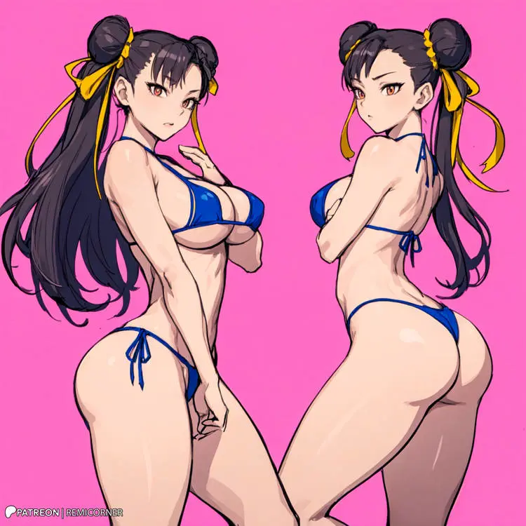 Image 1girls,breasts,clothing,female,female_only,large_breasts,light-skinned_female,light_skin,bikini,thick_thighs,wide_hips,ai_generated,twin_buns,cleavage,brown_hair,capcom,chun-li,street_fighter,remicorner
