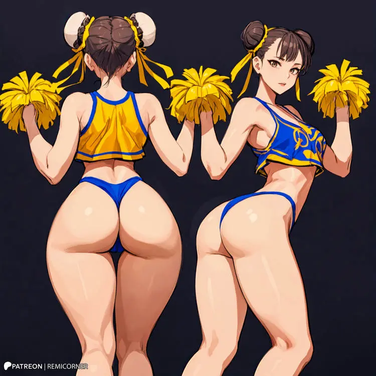 Image 1girls,breasts,clothing,female,female_only,large_breasts,light-skinned_female,light_skin,bikini,thick_thighs,wide_hips,ai_generated,twin_buns,cleavage,brown_hair,capcom,chun-li,street_fighter,cheerleader,remicorner