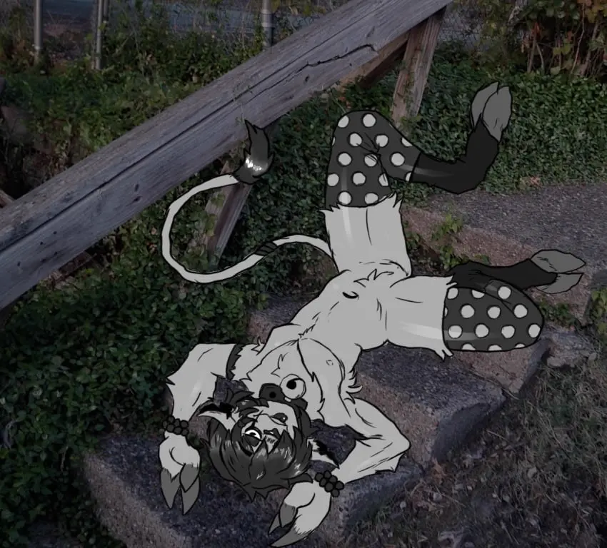 Image looking_at_viewer,1boy,animal_ears,male,short_hair,tail,thighhighs,tongue_out,furry,tongue,horns,femboy,male_only,belly,anthro,spread_legs,smug,monochrome,slightly_chubby,grey_fur,laying_down,body_fur,exposed,hooves,goth,no_visible_genitalia,tail_tuft,imp,clown,cottt(artist),emo,hoof_hands,no_genitals,photo_background,real_background