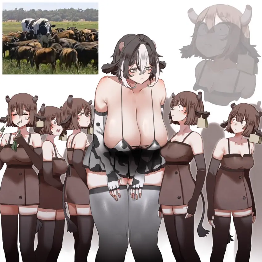 Image breasts,cowboy_shot,female,grey_hair,highres,simple_background,white_background,white_hair,absurdres,animal_ears,black_hair,elbow_gloves,gloves,multiple_girls,short_hair,sidelocks,tail,thighhighs,thighs,multicolored_hair,milf,horns,collarbone,huge_breasts,dress,original,brown_hair,cow_print,expressionless,skindentation,skirt,pleated_skirt,streaked_hair,frown,fingerless_gloves,leaning_forward,cow_girl,bovine,meme,animal_print,hands_up,cow_ears,cow_horns,grass,white_skirt,ear_tag,eating,6+girls,at2.,brown_dress,brown_thighhighs,cow_tail,distracted_boyfriend_(meme),reference_inset,sanpaku,scene_interpretation
