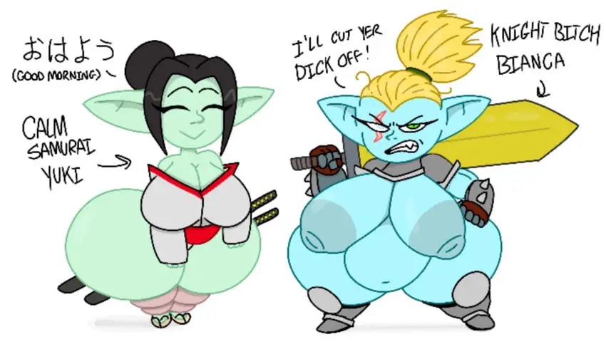 Image big_breasts,breasts,female,black_hair,big_ass,big_butt,big_belly,blonde_hair,asian_mythology,big_nipples,big_thighs,big_areola,asian,goblin,warrior,goblin_female,theslashfive,bianca,samurai,yuki