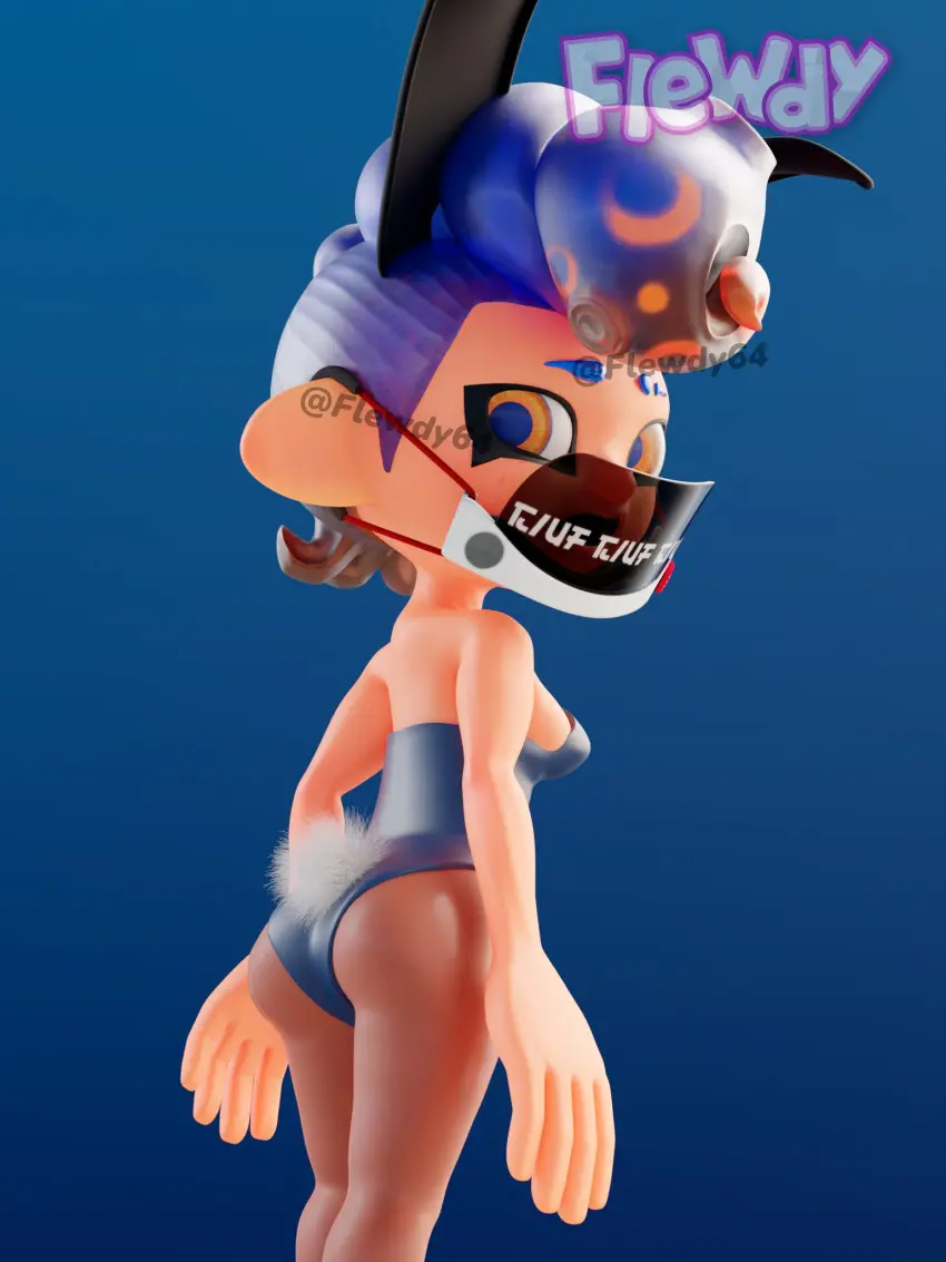 Image female,solo,blue_hair,stockings,bunny_ears,3d,bunnysuit,splatoon,splatoon_2,splatoon_3,inkling,mouth_mask,blowtayy,bunnygirl,flewdy
