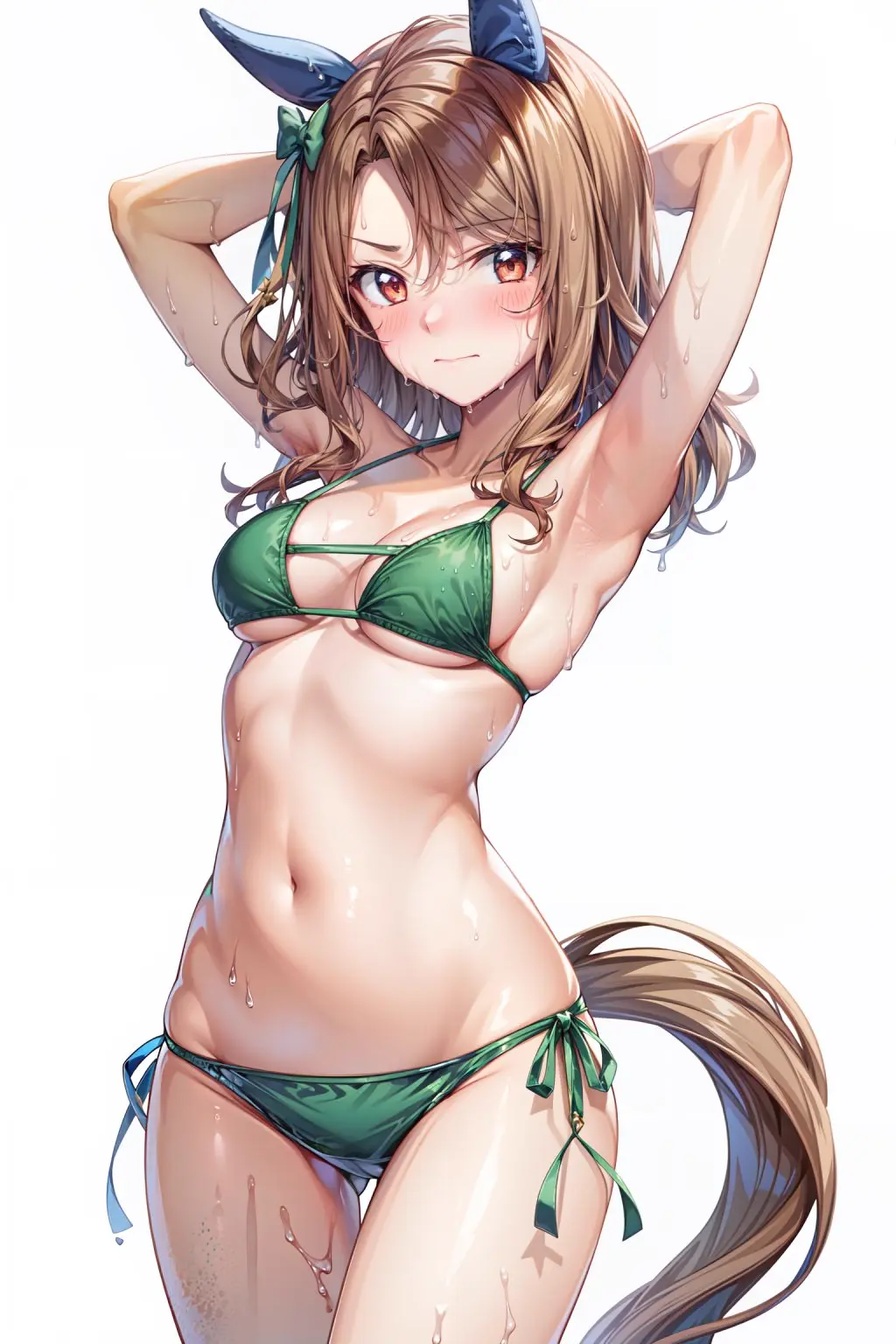 Image 1girls,blush,breasts,brown_eyes,female,female_only,hi_res,highres,long_hair,looking_at_viewer,simple_background,solo,white_background,short_hair,bikini,athletic,armpits,ai_generated,solo_female,anthro,medium_breasts,hair_ribbon,wet,brown_hair,bikini_top,blushing_at_viewer,high_resolution,wet_body,bikini_bottom,matching_hair/eyes,athletic_female,blushing,horse_girl,umamusume,umamusume_pretty_derby,horse_ears,horse_tail,king_halo_(umamusume)