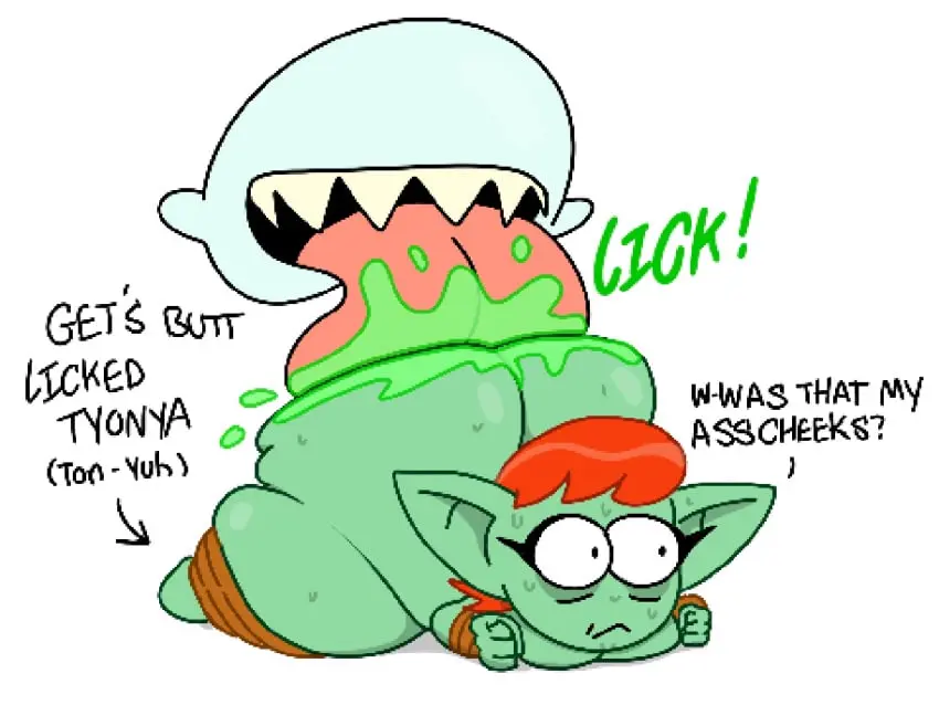 Image big_ass,big_butt,big_belly,orange_hair,boo_(mario),bent_over,big_nipples,big_thighs,bondage,big_areola,bondage_gear,goblin,goblin_female,theslashfive,licking_ass,tyonya