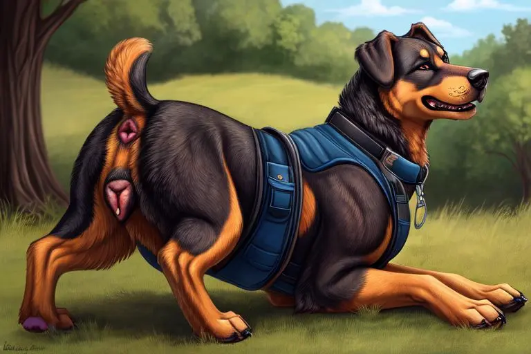 Image female,pussy,furry,ai_generated,anus,feral,feral_only,rottweiler,dog,harness