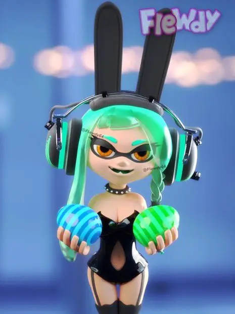 Image female,bunny_ears,green_hair,bunnysuit,splatoon,splatoon_2,splatoon_3,inkling,inkling_girl,blowtayy,bunnygirl,flewdy