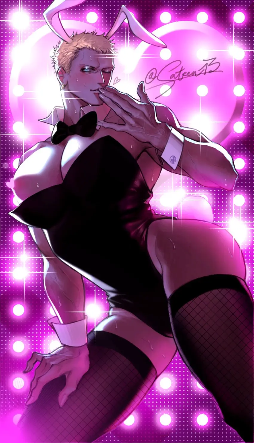 Image blush,solo,1boy,male,sweat,thighhighs,one_piece,muscular,muscular_male,crossdressing,male_only,cleavage,blonde_hair,wink,stockings,bunny_ears,detached_collar,pecs,bunnysuit,fishnets,playboy_bunny,bowtie,fishnet_thighhighs,big_pecs,blowing_kiss,bunny_boy,donquixote_doflamingo,male_playboy_bunny,masculine_crossdresser,sateen_13,wrist_cuffs