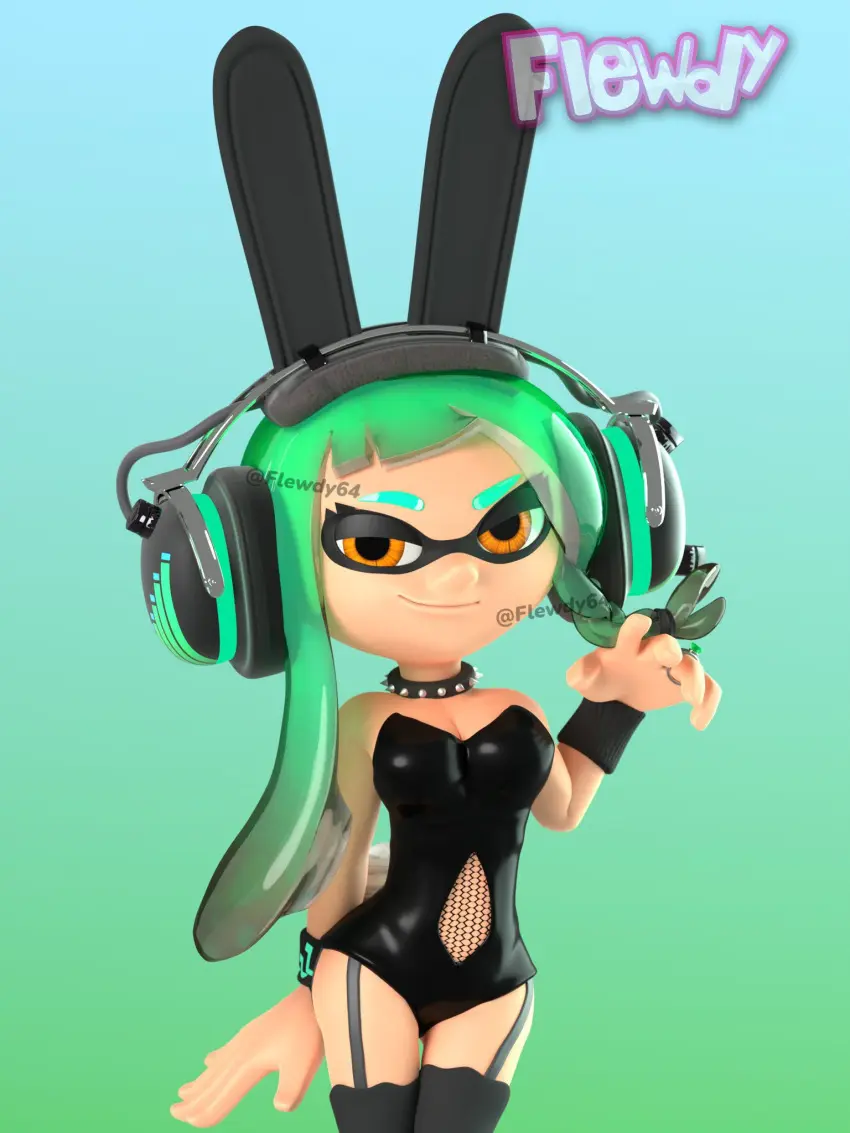 Image female,bunny_ears,3d,green_hair,bunnysuit,splatoon,splatoon_2,splatoon_3,inkling,inkling_girl,blowtayy,bunnygirl,flewdy