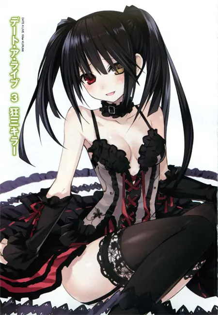 Image blush,breasts,female,long_hair,open_mouth,smile,black_hair,thighhighs,colored,thighs,bare_shoulders,lingerie,stockings,twintails,heterochromia,garter_belt,garter_straps,date_a_live,official_art,black_lingerie,neck_collar,novel_illustration,tokisaki_kurumi,tsunako