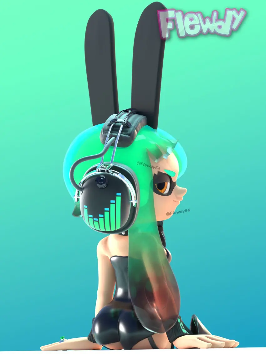 Image female,smile,bunny_ears,3d,green_hair,bunnysuit,splatoon,splatoon_2,splatoon_3,back_view,inkling,inkling_girl,blowtayy,bunnygirl,flewdy