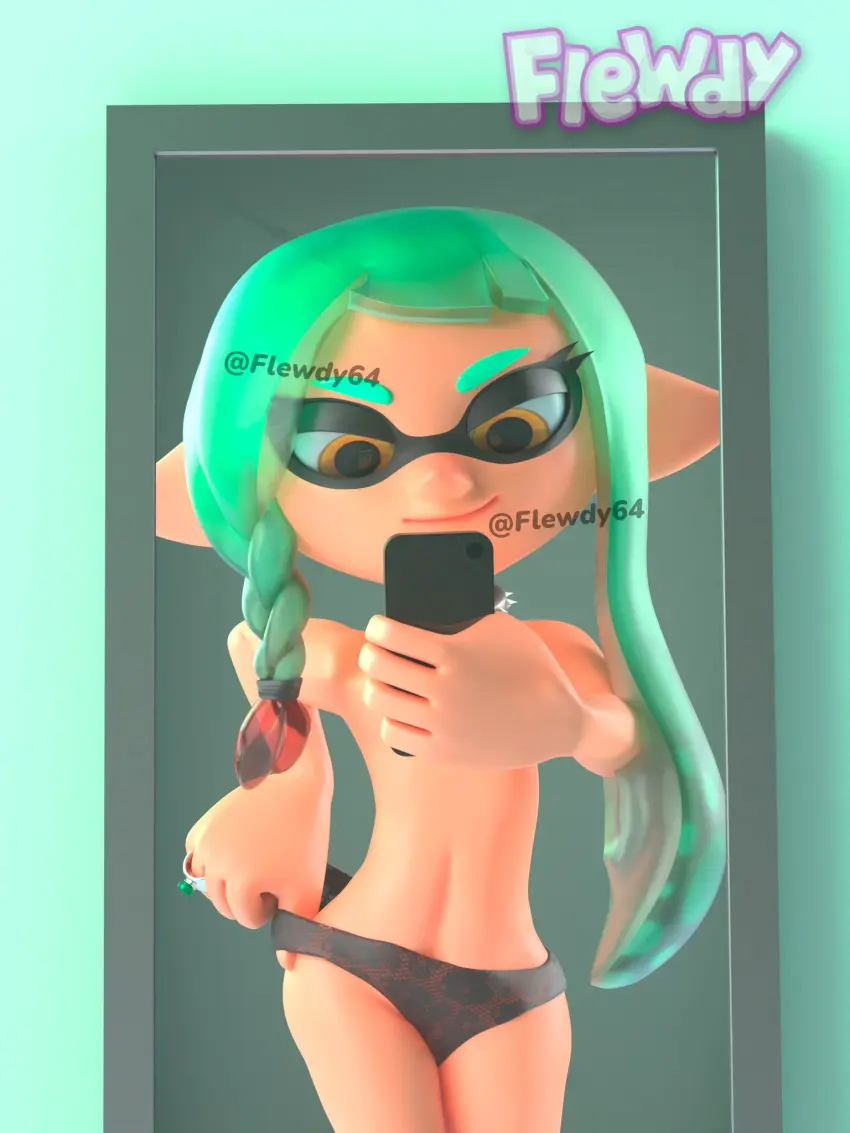 Image female,panties,3d,topless,green_hair,splatoon,splatoon_2,splatoon_3,inkling,inkling_girl,blowtayy,flewdy,mirror_selfie,panties_pull