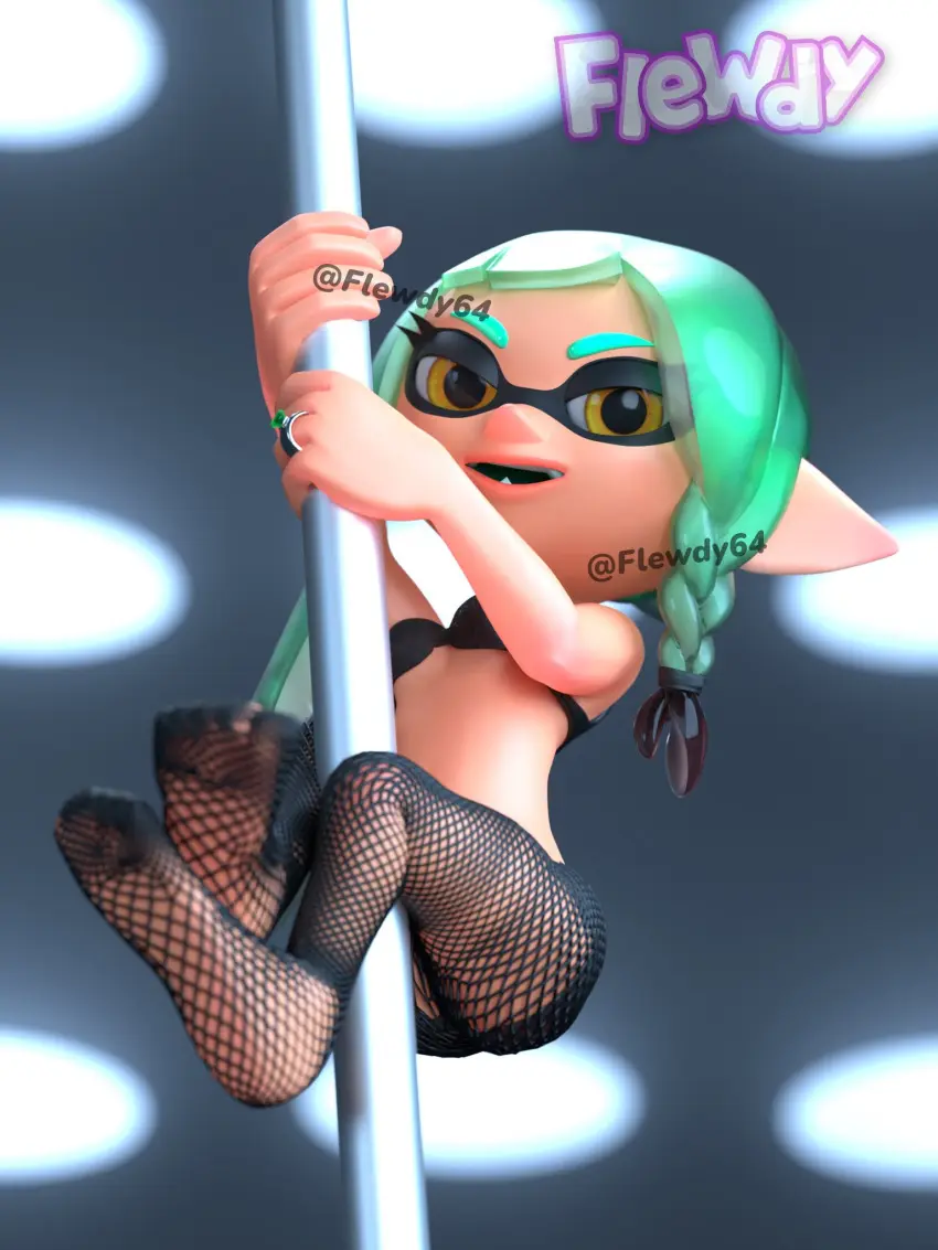 Image female,bra,panties,feet,feet_up,stockings,3d,green_hair,splatoon,splatoon_2,splatoon_3,inkling,inkling_girl,stripper_pole,blowtayy,flewdy