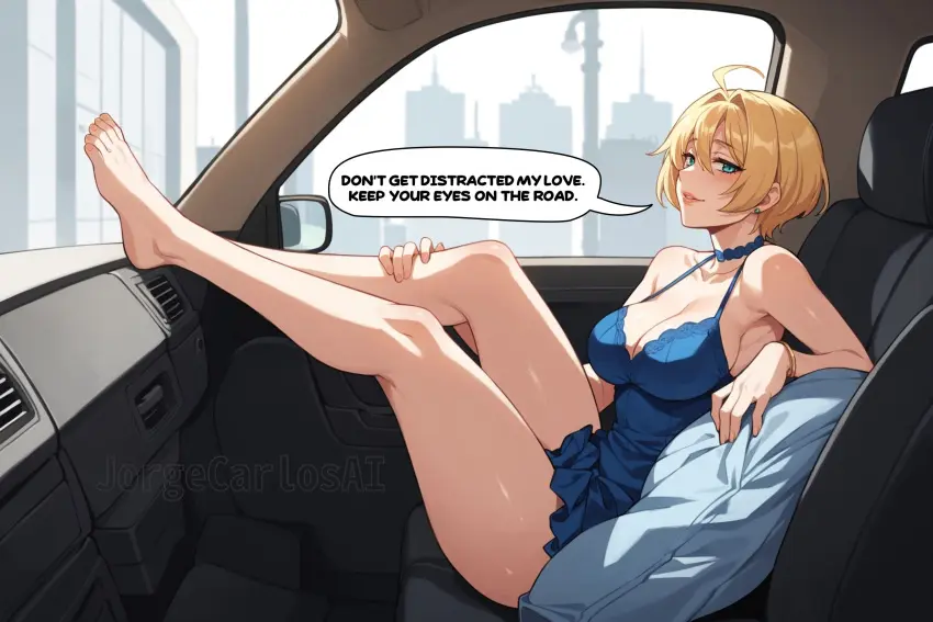 Image 1girls,big_breasts,breasts,female,female_only,light-skinned_female,bangs,short_hair,earrings,female_focus,thick_thighs,thighs,white_skin,feet,ai_generated,cleavage,gold_(metal),text,tagme,blonde_hair,green_eyes,legs,foot_fetish,feet_up,dress,ahoge,collar,english_text,blonde_hair_female,white_body,blonde_female,speech_bubble,toes,english,blue_dress,city,bare_legs,car,collared_dress,gold_jewelry,car_interior,cityscape,english_dialogue,jorgecarlosai,passenger