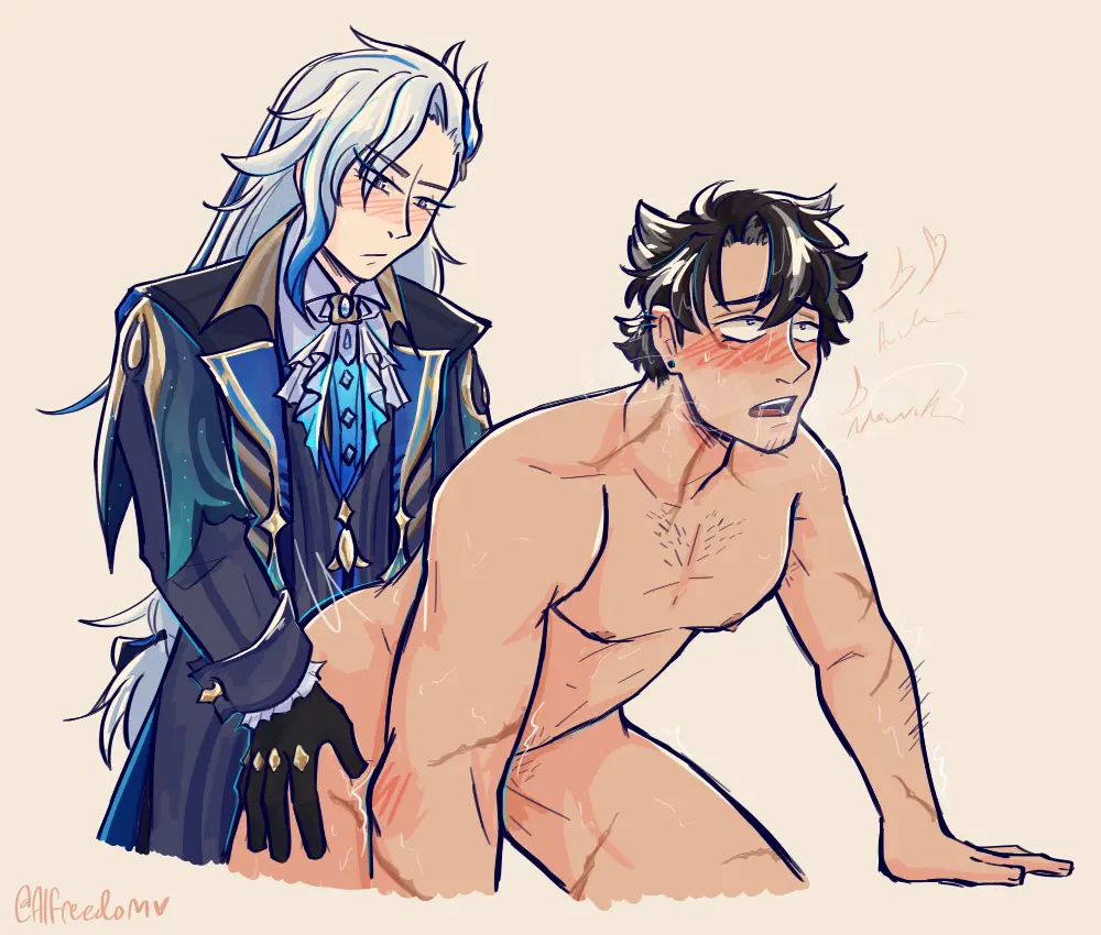 Image long_hair,male,doggy_style,2boys,anal,male/male,male_only,genshin_impact,moaning,feminine,bishonen,clothed_male_nude_male,neuvillette_(genshin_impact),wriothesley_(genshin_impact)