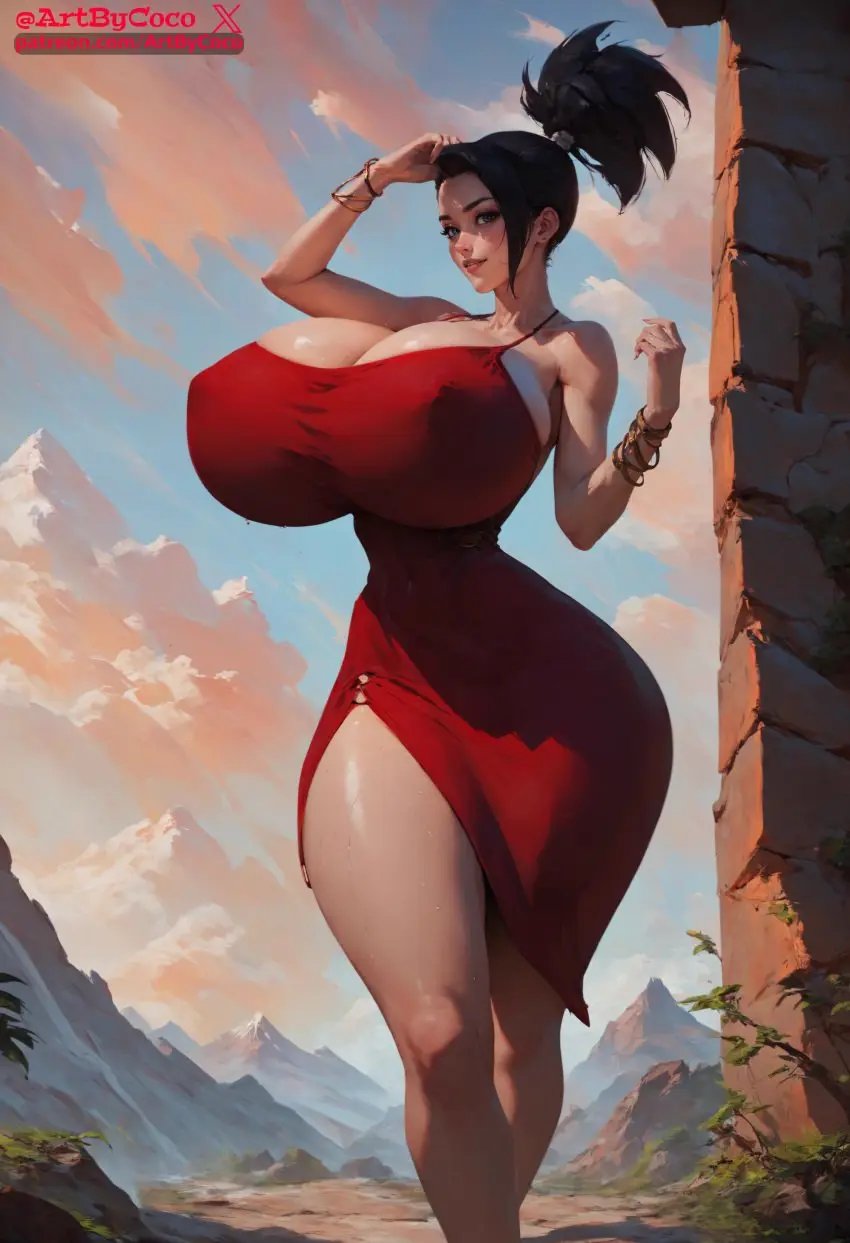 Image 1girls,big_breasts,breasts,female,female_only,solo,thick_thighs,wide_hips,ai_generated,cleavage,solo_female,huge_breasts,dragon_ball,red_dress,dragon_ball_super,artbycoco,bangle,dragon_ball_(series),kale