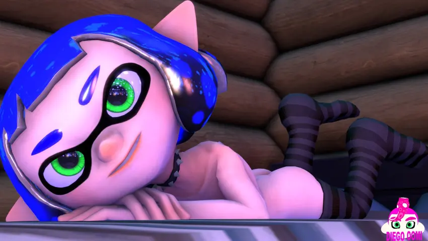 Image female,blue_hair,choker,humanoid,anthro,animal_humanoid,pointy_ears,nintendo,3d,tentacle,splatoon,splatoon_(series),tentacle_hair,inkling,inkling_girl,mask_(marking),pseudo_hair,butt_focus,cephalopod,cephalopod_humanoid,laying_on_bed,diegooominsfw,diego_oomi,squid,stockings_only