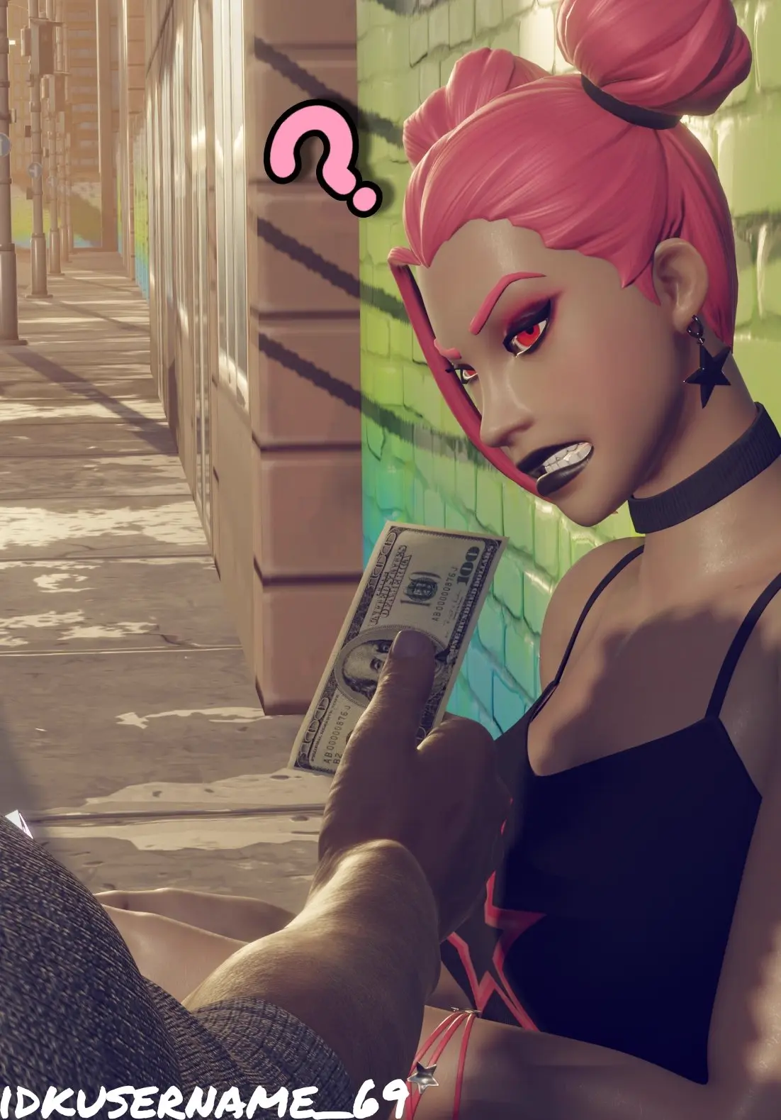 Image clothed,clothing,female,choker,clothed_female,fortnite,fortnite:_battle_royale,fully_clothed,money,tank_top,confused,clothed_male,question_mark,sfw,haze_(fortnite),fully_clothed_female,idkusername_69,surf_witch_(fortnite),fully_clothed_male,offering_money