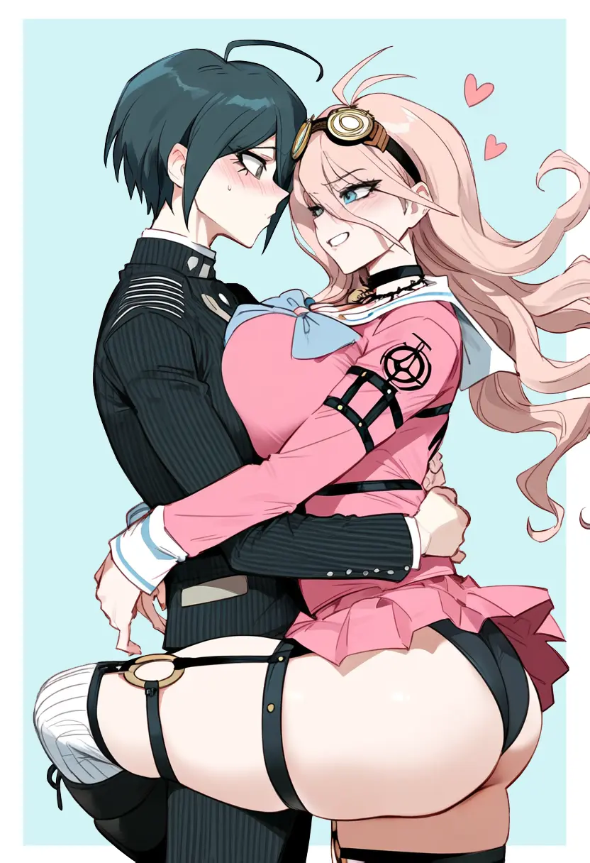 Image 1girls,blush,breasts,female,large_breasts,smile,1boy,blue_eyes,blue_hair,male,choker,panties,ass,big_ass,thick_thighs,ai_generated,blonde_hair,school_uniform,ahoge,self_upload,hair_between_eyes,skindentation,skirt,looking_at_another,breast_press,heart,leg_up,breast_squish,boots,goggles_on_head,danganronpa,naughty_face,hug,danganronpa_v3,iruma_miu,leg_wrap,saihara_shuuichi