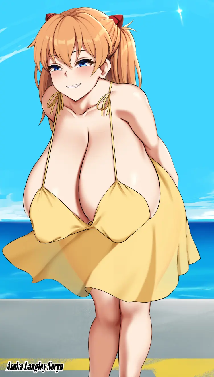 Image 1girls,big_breasts,breasts,female,female_only,long_hair,nipples,smile,solo,blue_eyes,areolae,bare_shoulders,solo_female,huge_breasts,dress,sleeveless_dress,alternate_breast_size,sleeveless,leaning_forward,asuka_langley_sohryu,dantes_ward,neon_genesis_evangelion,sundress,yellow_dress