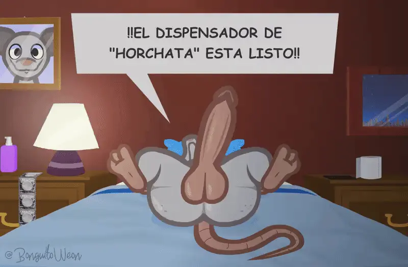 Image smile,solo,male,penis,lying,erection,feet,male_only,balls,anthro,text,bed,condom,bedroom,animated,genitals,grey_body,inside,mammal,dialogue,2024,biped,spanish_text,toes,furniture,detailed_background,pink_nose,3_toes,american_opossum,marsupial,bonguitoweon,sexual_barrier_device
