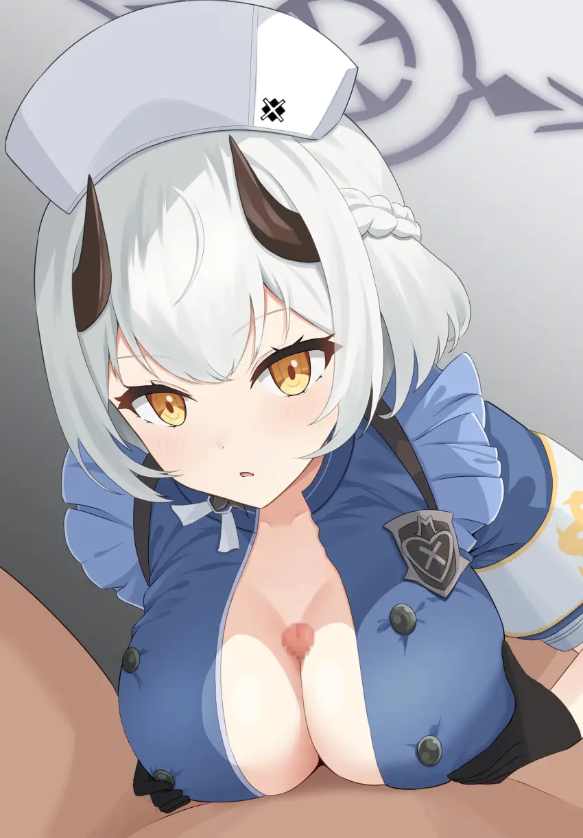 Image breasts,female,grey_hair,highres,large_breasts,looking_at_viewer,open_clothes,open_shirt,shirt,simple_background,1boy,black_gloves,gloves,male,nude,penis,short_hair,yellow_eyes,blue_archive,hat,horns,solo_focus,gradient_background,paizuri,parted_lips,halo,censored,mosaic_censoring,braid,pov,commentary_request,grey_background,between_breasts,clothed_female_nude_male,blue_shirt,black_horns,nurse_cap,grey_halo,raimu_(clanberry000),sena_(blue_archive)