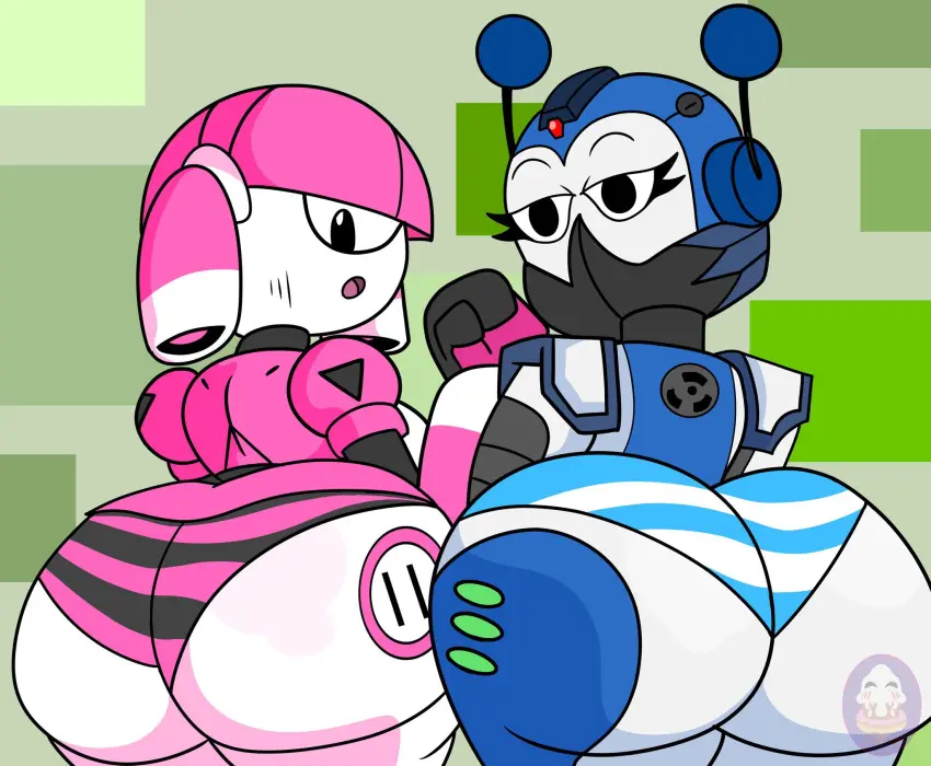 Image big_breasts,breasts,female,2girls,multiple_girls,panties,big_ass,bubble_butt,huge_ass,thick_thighs,wide_hips,dialogue,ass_focus,holding_hands,robot,robot_girl,robot_humanoid,character_name,gooeysin,mya_(dorahden),tiwi
