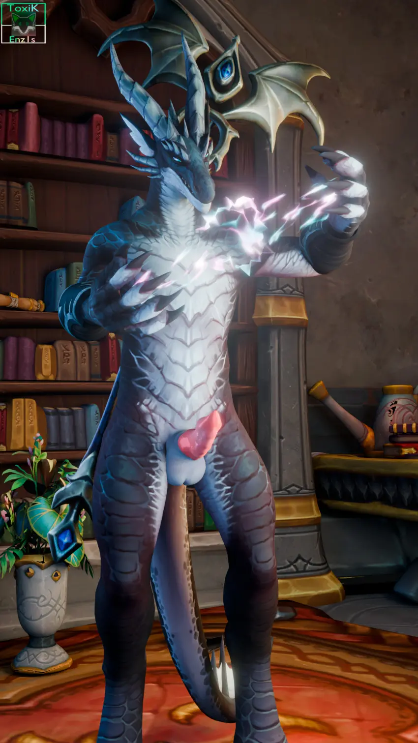 Image hi_res,solo,male,nude,penis,tail,erection,male_only,digital_media_(artwork),balls,anthro,mythology,warcraft,european_mythology,3d,genitals,inside,claws,black_body,horn,white_body,scales,scalie,white_scales,solo_male,furniture,mythological_creature,dragon,mythological_scalie,western_dragon,blizzard_entertainment,armor,black_scales,bracers,9:16,staff,bookshelf,dracthyr,dracthyr_male,ridelag_(toxik_enzis),toxik_enzis