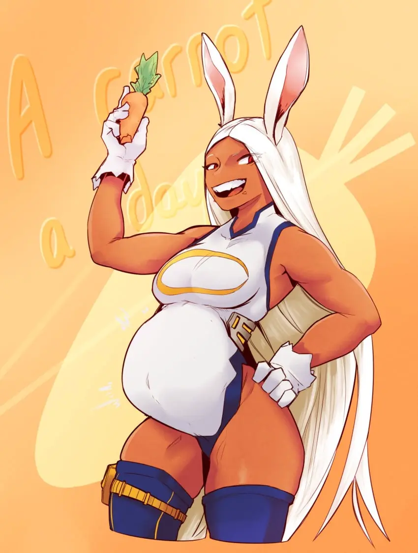 Image 1girls,female,red_eyes,white_hair,thighs,belly,tan_body,my_hero_academia,rabbit_ears,fat,obese,cantankeravian,miruko,rumi_usagiyama