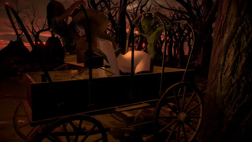 Image female,threesome,doggy_style,stockings,blowjob,witch_hat,goblin,fantasy,wagon,witch,woods