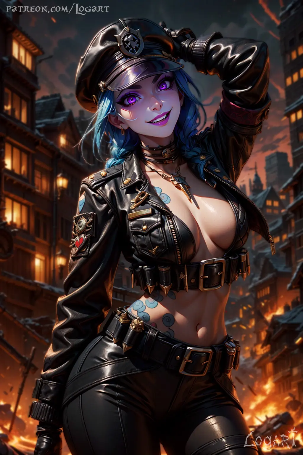Image 1girls,big_breasts,breasts,female,female_only,highres,looking_at_viewer,smile,solo,absurdres,blue_hair,gloves,choker,seductive,small_breasts,white_skin,smiling,ai_generated,cleavage,tattoo,tagme,stable_diffusion,purple_eyes,necklace,hourglass_figure,latex,belt,detailed,high_quality,league_of_legends,military_uniform,nazi,riot_games,twin_braids,jinx_(league_of_legends),leggings,evil_smile,leather_jacket,arcane,arcane_jinx,celebrity,leak,bullet,crazy_girl,leaked,leather,logart,sensitive,yandere,leather_clothing