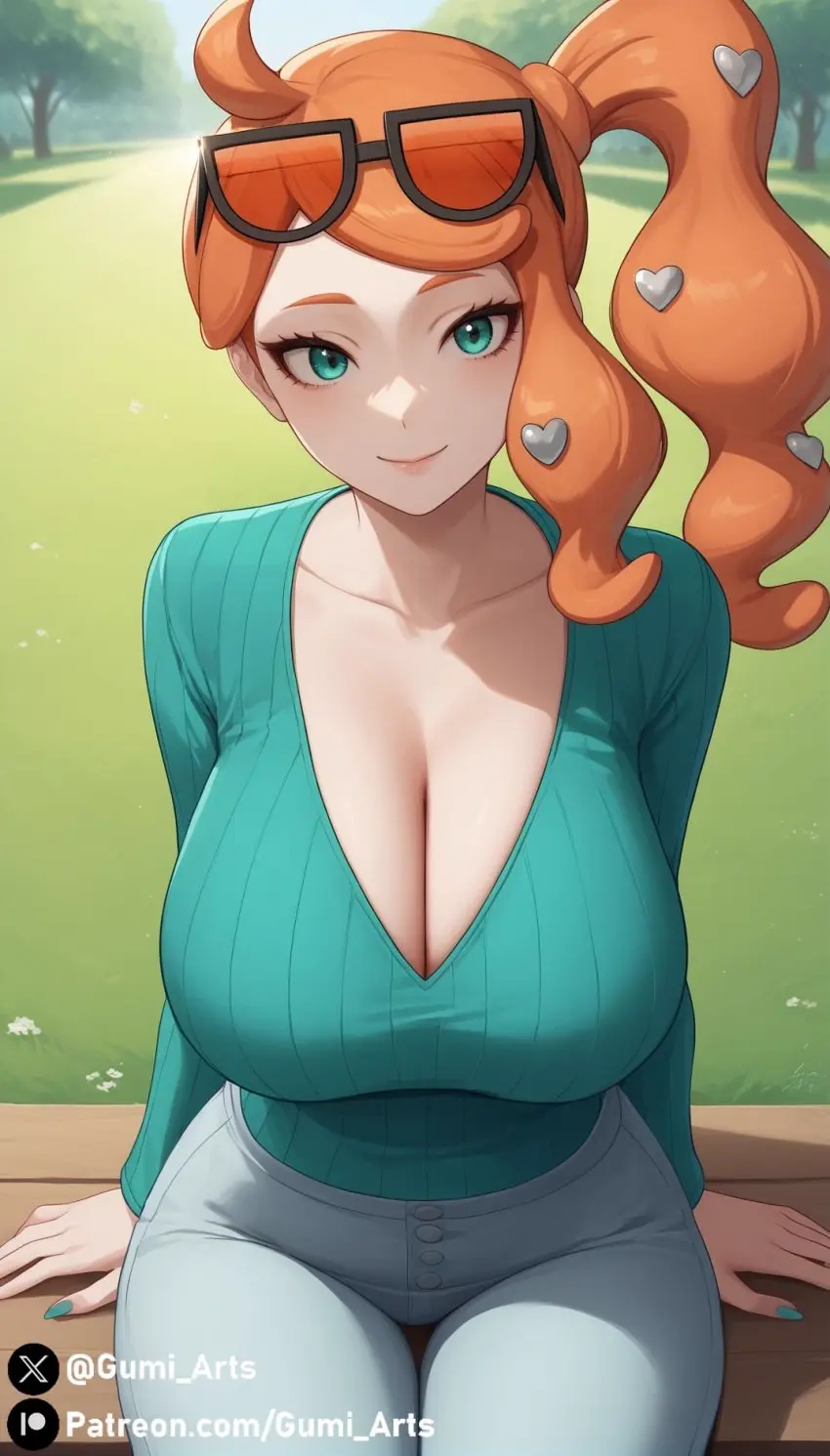 Image 1girls,breasts,female,long_sleeves,shirt,pokemon,red_hair,thick_thighs,wide_hips,ai_generated,cleavage,huge_breasts,from_above,stable_diffusion,outdoors,side_ponytail,aqua_eyes,jeans,pokemon_ss,gumi_arts,park,sonia_(pokemon)