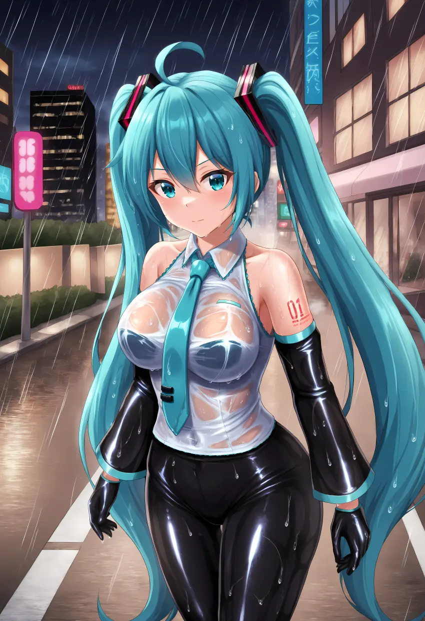 Image female,bra,ai_generated,2d,shiroppo,latex,hatsune_miku,vocaloid,wet_shirt,tie,rain