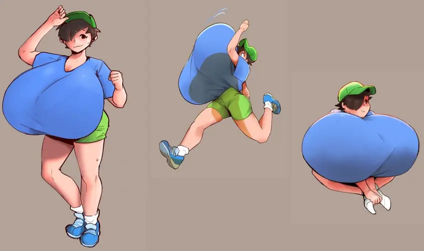 Image 1girls,breasts,clothed,female,female_only,smile,hat,huge_breasts,sitting,brown_hair,cap,fully_clothed,running,top_heavy,anna_(cantankeravian),cantankeravian,bralines,head_on_breasts