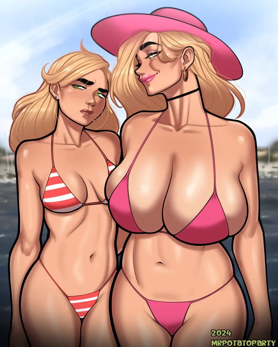 Image big_breasts,breasts,female,female_only,long_hair,2girls,multiple_girls,choker,bikini,earrings,hat,freckles,milf,smiling,blonde_hair,green_eyes,narrowed_eyes,breast_size_difference,mother_and_daughter,mother_daughter_boob_envy_(meme),meme,black_eyebrows,pink_lipstick,breast_envy,mrpotatoparty,nadia_hughes,vanessa_hughes