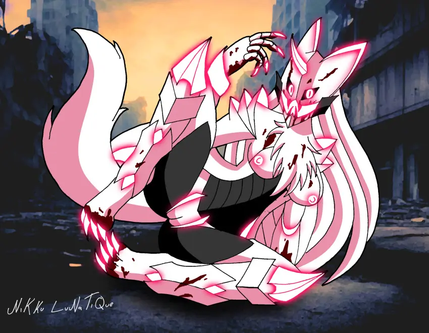 Image big_breasts,breasts,female,hi_res,long_hair,nipples,solo,white_hair,nude,pussy,lying,teeth,hair,anthro,pink_eyes,monster,on_side,blood,blood_in_mouth,blood_on_face,glowing_eyes,bodily_fluids,canid,canine,canis,genitals,mammal,claws,black_body,horn,fangs,white_body,fox,markings,tuft,pink_body,spikes,black_sclera,glowing,on_ground,ruins,chest_tuft,spikes_(anatomy),membrane_(anatomy),aura,glowing_body,blood_on_feet,blood_on_hand,blood_splatter,building,charlie_(nikku_lunatique),exoskeleton,glowing_markings,glowing_nipples,nikku_lunatique,pink_claws,tier_(species)