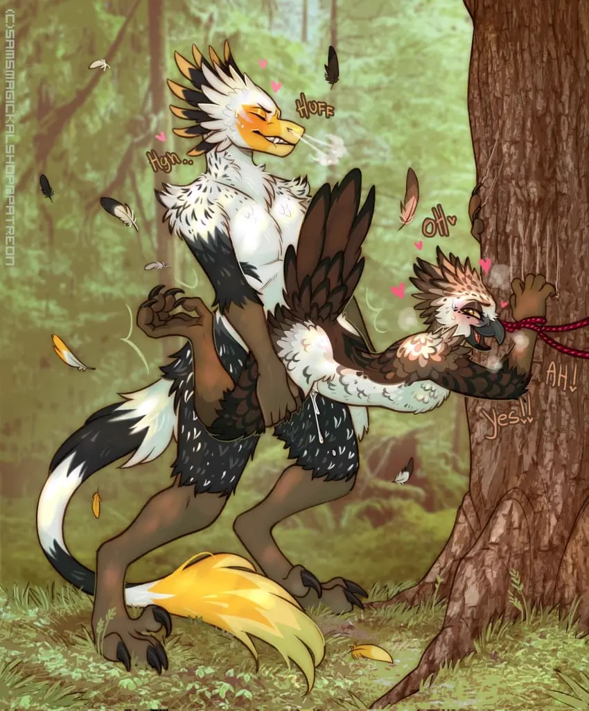 Image hi_res,standing,male,nude,tail,sex,feet,feathers,anthro,closed_eyes,reverse_stand_and_carry_position,looking_pleasured,restrained,bodily_fluids,dominant,dominant_male,carrying_partner,2024,reptile,scalie,outside,standing_sex,tree,against_surface,avian,beak,bird,toes,forest,plant,tuft,carrying_another,bound,grass,rope,tail_feathers,dinosaur,tail_tuft,hands_tied,accipitrid,accipitriform,talons,against_natural_surface,against_tree,dromaeosaurid,robyn_(hydrawave),samaella,scratches,scratching,theropod,tied_to_tree,yskra