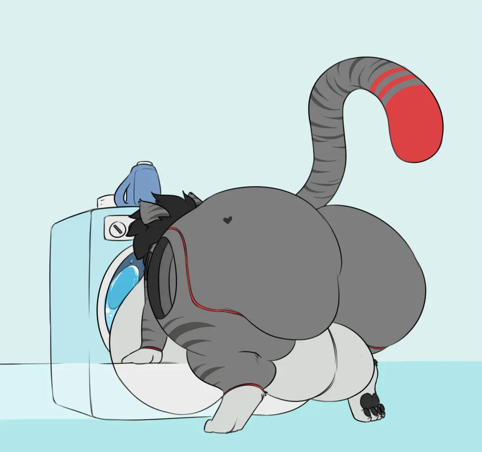 Image 2023,big_breasts,breasts,solo,black_hair,tail,ass,futanari,intersex,balls,hair,huge_breasts,anthro,genitals,grey_body,mammal,all_fours,feline,gynomorph,markings,dipstick_tail,tail_markings,felid,domestic_cat,felis,machine,robot,pawpads,heart_(marking),robertge,appliance,jason_markova,laundry_machine,washing_machine