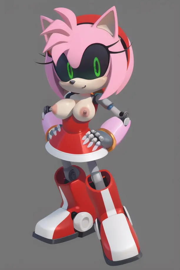 Image breasts, breasts_out, female, female_only, looking_at_viewer, simple_background, solo, ai_generated, eyelashes, hairband, pink_hair, green_eyes, shoulder_length_hair, red_dress, sega, sonic_(series), sonic_the_hedgehog_(series), pixai, black_sclera, pink_fur, metallic_body, robot_girl, hedgehog, red_hairband, metal_amy, metallic_skin, pink_spines, pointy_fingers, red_boots, sharp_fingers, spines