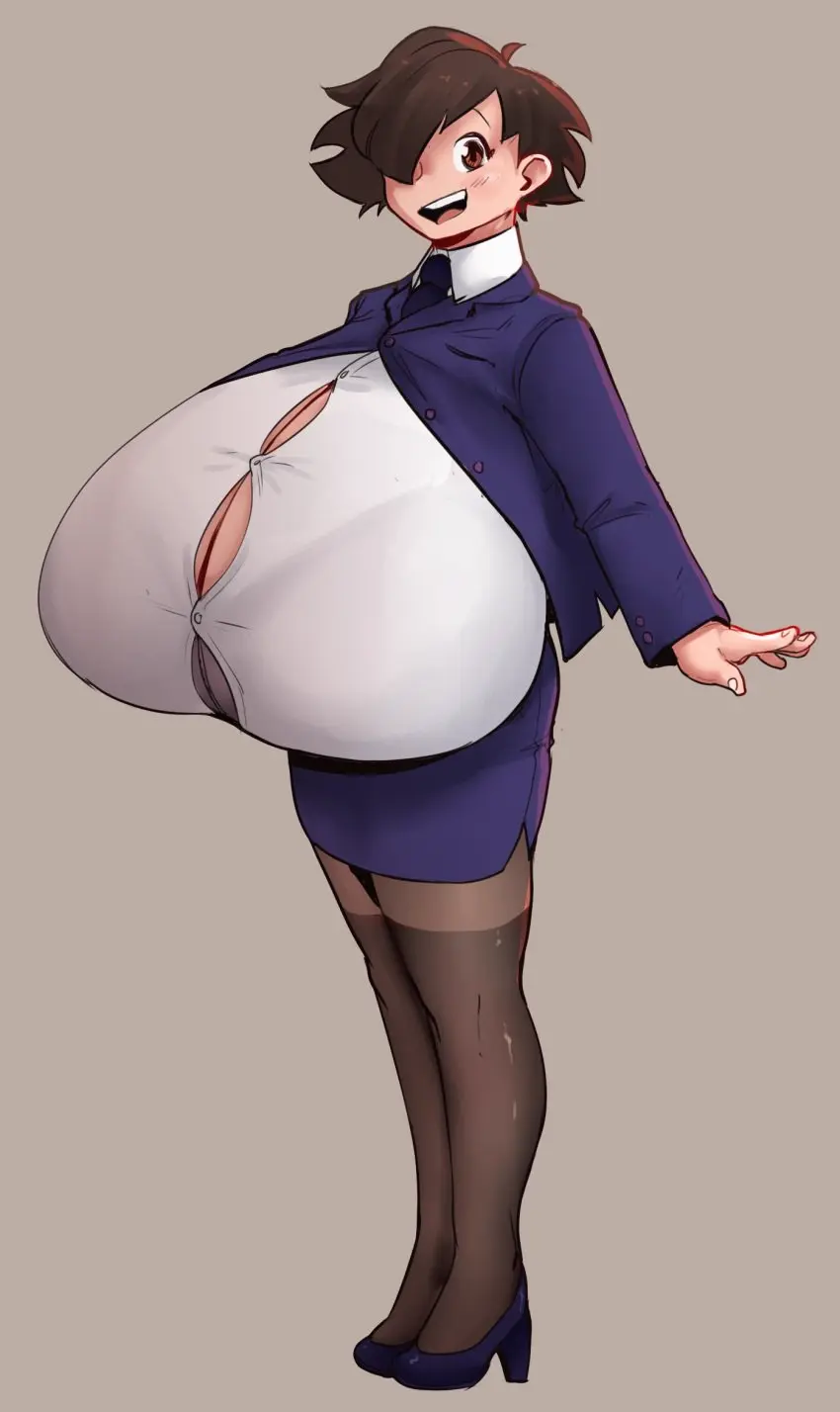 Image 1girls,breasts,female,smile,hair_over_one_eye,huge_breasts,brown_hair,heels,high_heels,top_heavy,anna_(cantankeravian),cantankeravian,bralines,button_down_shirt,button_gap,office_clothing
