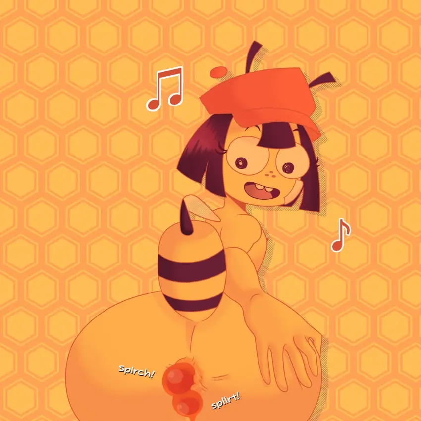 Image female,nude,hat,anthro,nude_female,anus,original_character,big_eyes,ass_focus,oc,bandage,anal_insertion,buckteeth,yellow_skin,bee,elwilsjeje,honey,liquid,pelusa,stinger,stinkify