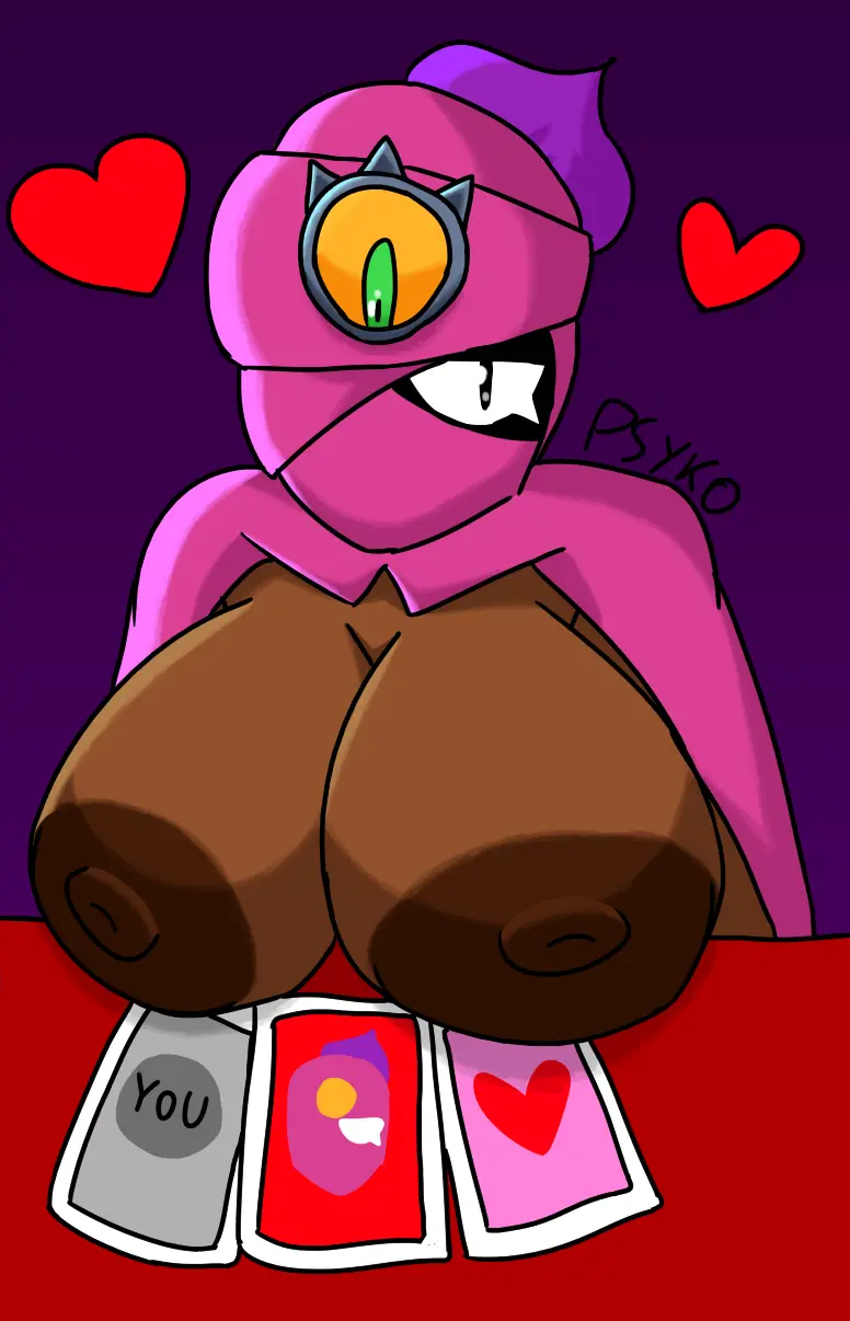 Image 1girls,breasts,female,female_only,large_breasts,nipples,female_focus,dark_skin,areolae,artist_name,dark-skinned_female,purple_hair,artist_signature,heart,2024,dark_nipples,brawl_stars,table,dark_areola,3_eyes,multi_eye,cards,covered_eye,psyko,psykopuffik_frik,tara_(brawl_stars),wanting_sex