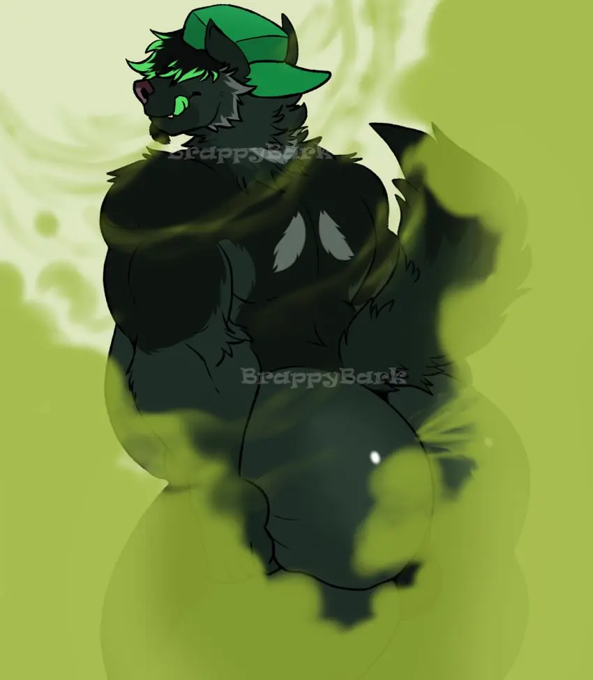 Image clothing,hi_res,solo,male,nude,tail,ass,big_butt,hat,thick_thighs,headwear,headgear,anthro,presenting,slightly_chubby,canid,canine,canis,domestic_dog,mammal,presenting_hindquarters,raised_tail,herding_dog,pastoral_dog,slightly_chubby_male,fart,fart_cloud,gassy,smelly,brappybark,german_shepherd