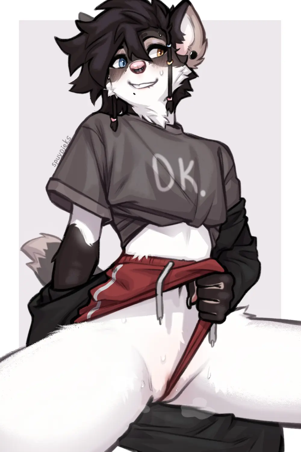 Image clothing,female,hi_res,shirt,smile,solo,black_hair,pussy,sweat,athletic,biting_lip,hair,anthro,piercing,spread_legs,spreading,bite,bodily_fluids,canid,canine,canis,domestic_dog,fur,genitals,mammal,heterochromia,shorts,white_body,topwear,white_fur,t-shirt,pussy_floss,bottomwear,ring_piercing,nose_piercing,nose_ring,facial_piercing,athletic_wear,gym_bottomwear,gym_shorts,spuydjeks,spuydjeks_(sona)